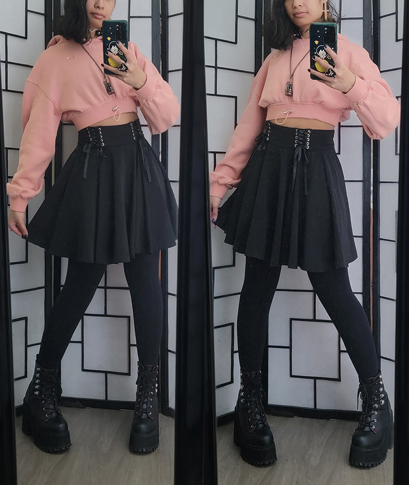 A black and pink dark girly kei style outfit featuring a cropped hoodie and high waist circle skirt.