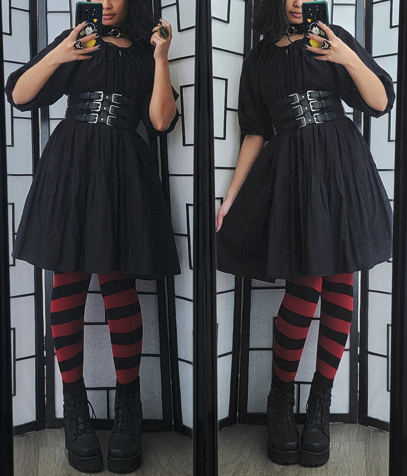 A black and red dark fashion outfit with gothic elements.