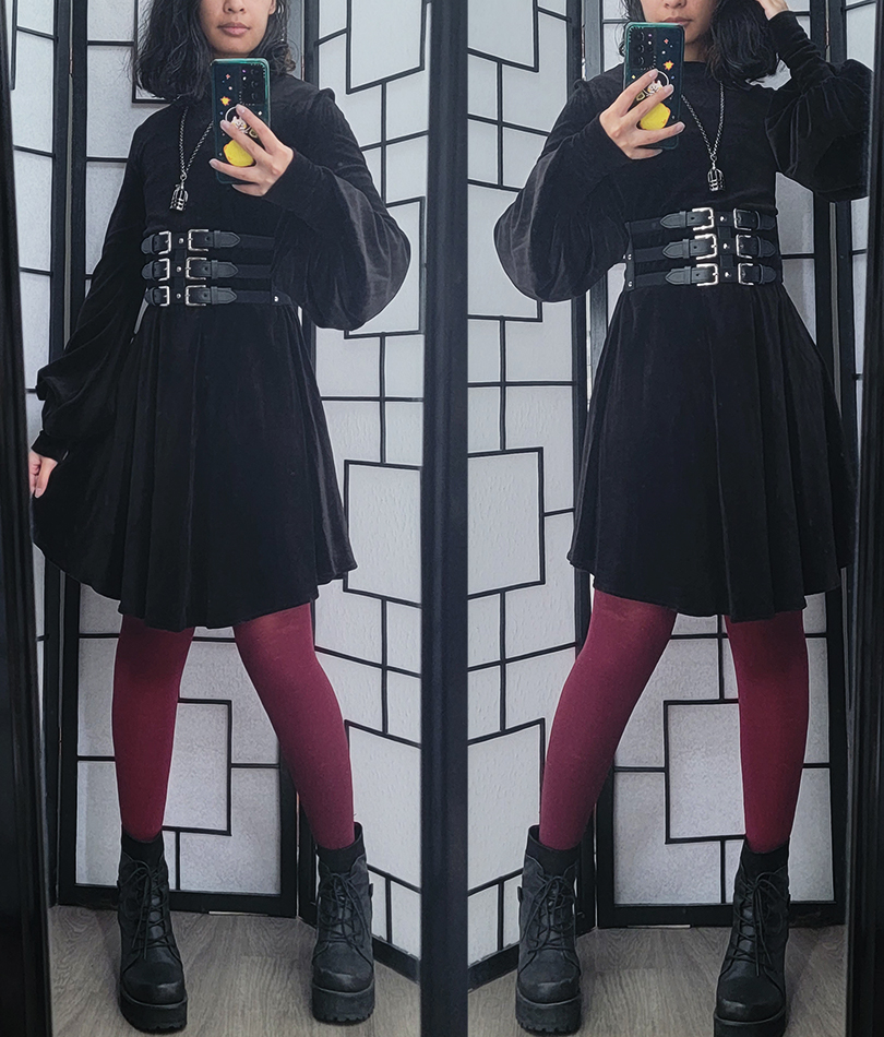 black and red gothic outfit with dramatic bishop  sleeves