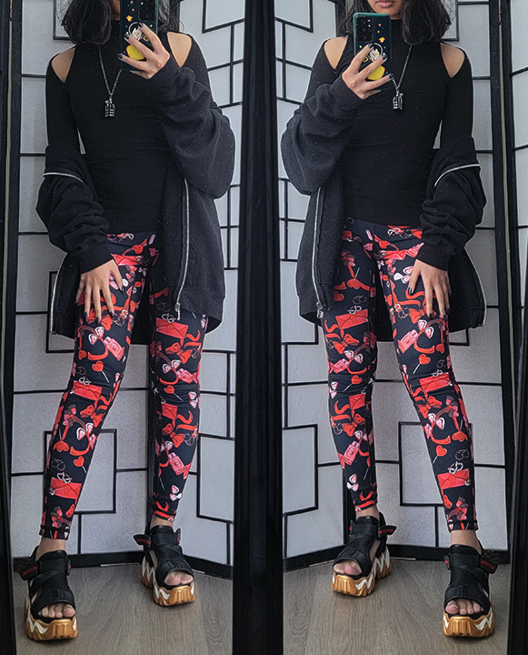 A casual black and red outfit featuring valentines chocolate print leggings.