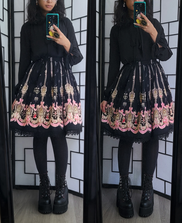A simple mostly black coordinate with a gorgeous window print skirt with pink and ivory accents.