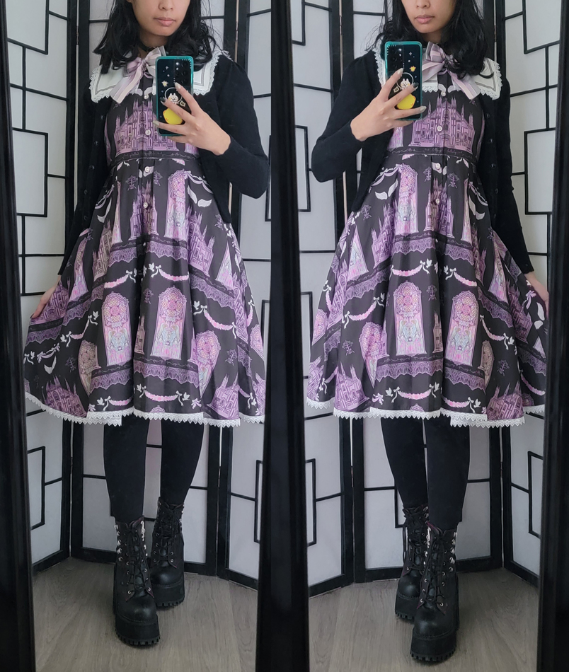 Pastel purple and pink cathedral print dress with solid color dark cardigan and tights.