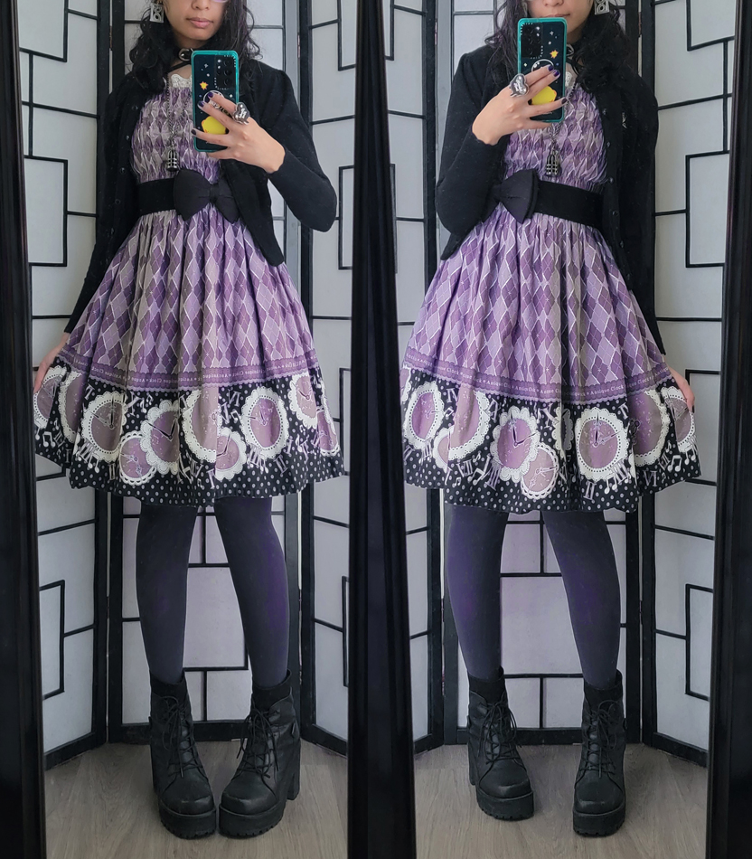 Lavender and grey argyle print dress with a clock border print and simple black cardigan.