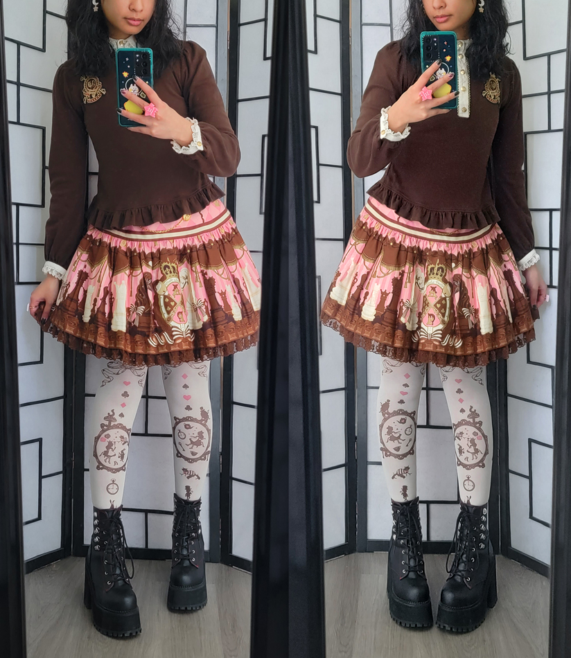 Pink, chocolate brown, and ivory coordinate with an iconic chocolate chess print skirt and wonderland print tights.