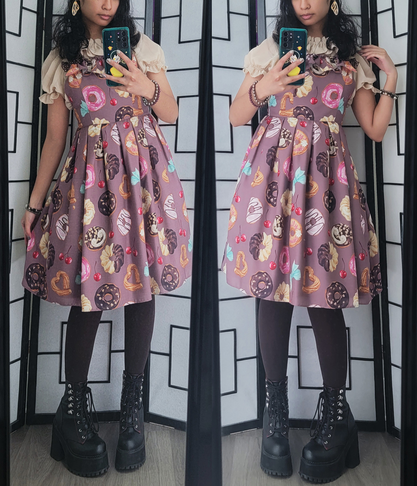 Mauve, beige, and dark brown coordinate with a deliciously illustrated donut print dress.