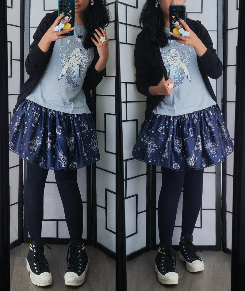 A casual blue, navy, and black coordinate with moon and star motifs.