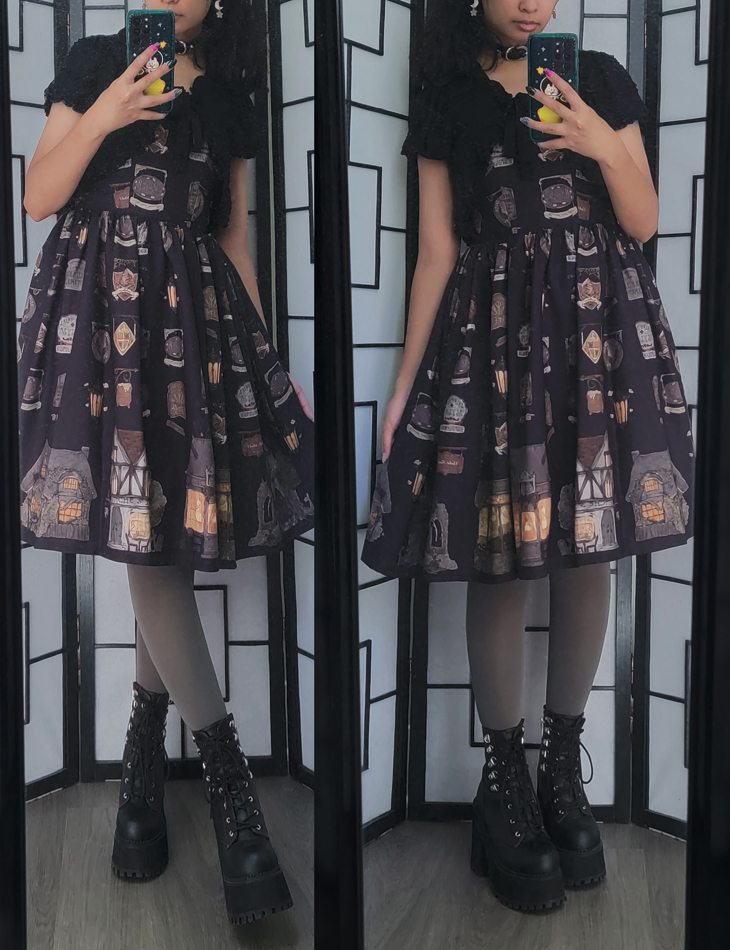 A casual gothic lolita coordinate with a haunted town themed dress.