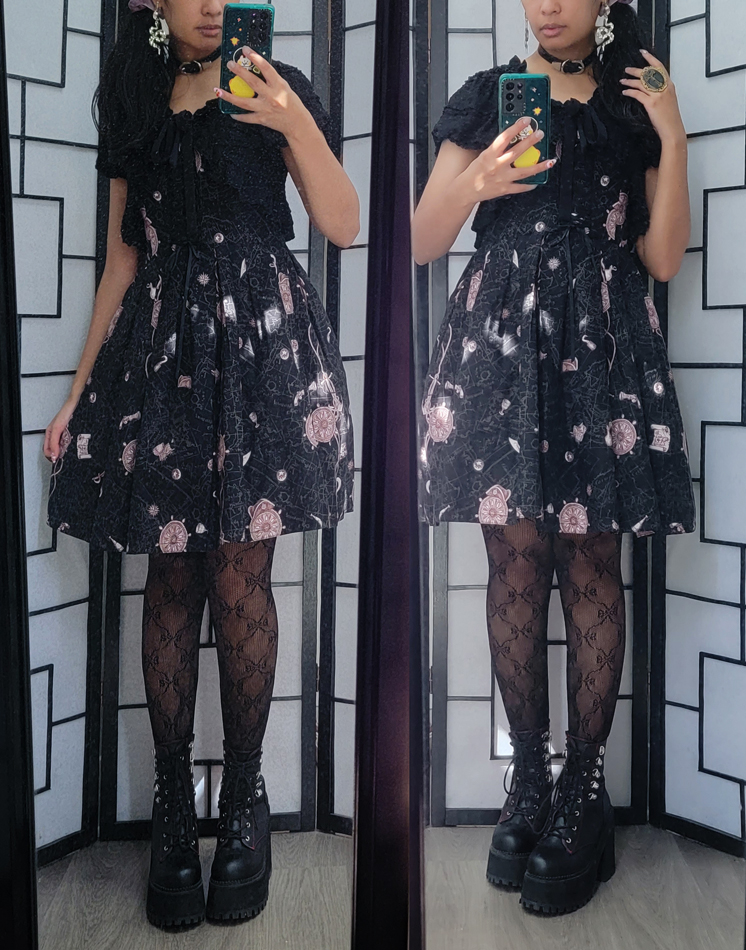 A casual gothic lolita coordinate with a pirate map themed dress.