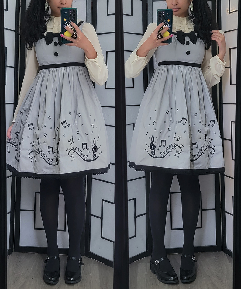 A monochrome classic lolita coordinate with a grey music note themed dress.