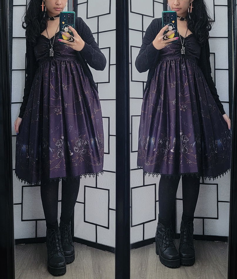 A casual gothic lolita coordinate with a dark purple rose print dress.