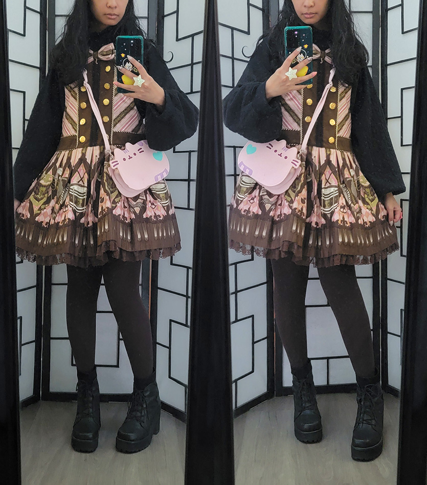 A casual pink, brown, and black coordinate with a chocolate and instrumen themed dress.