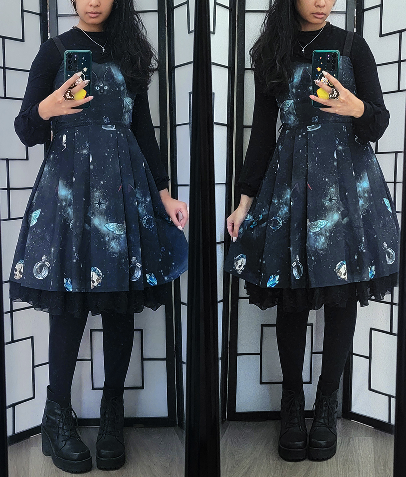 A casual gothic coordinate with a dark grey galaxy witch themed dress.