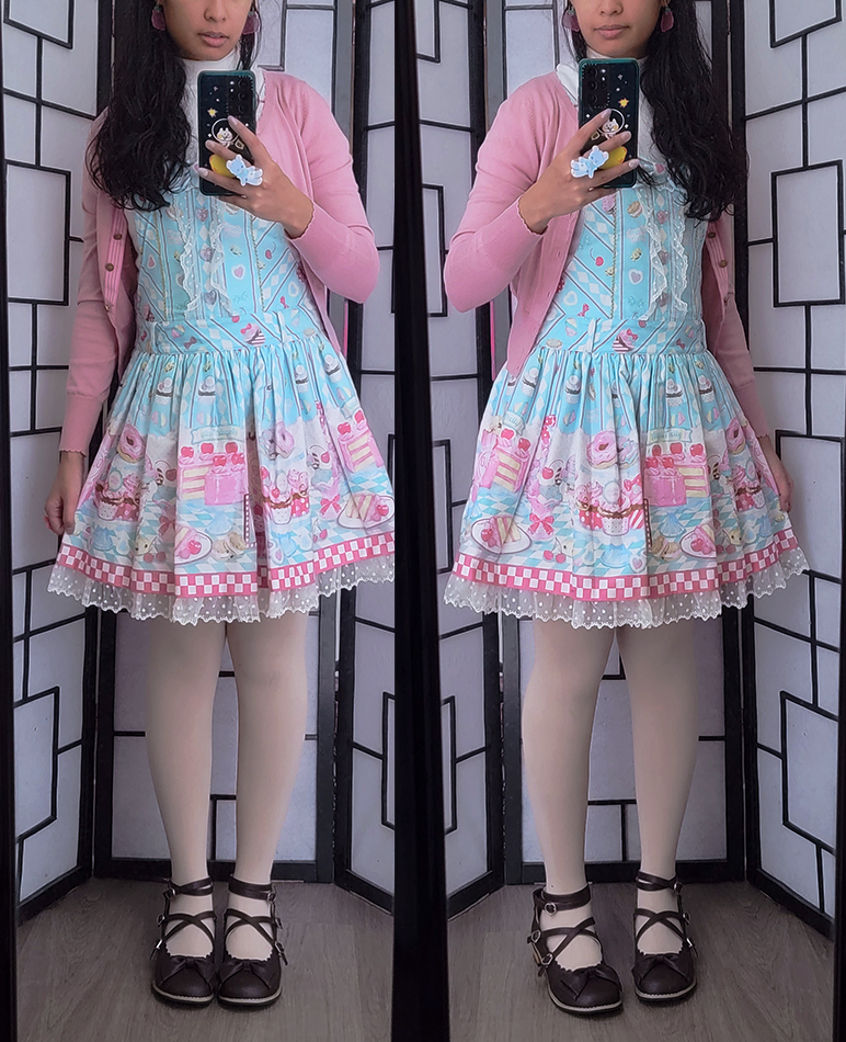 A casual pastel blue, pink, and offwhite coordinate with a retro diner and dessert themed dress.