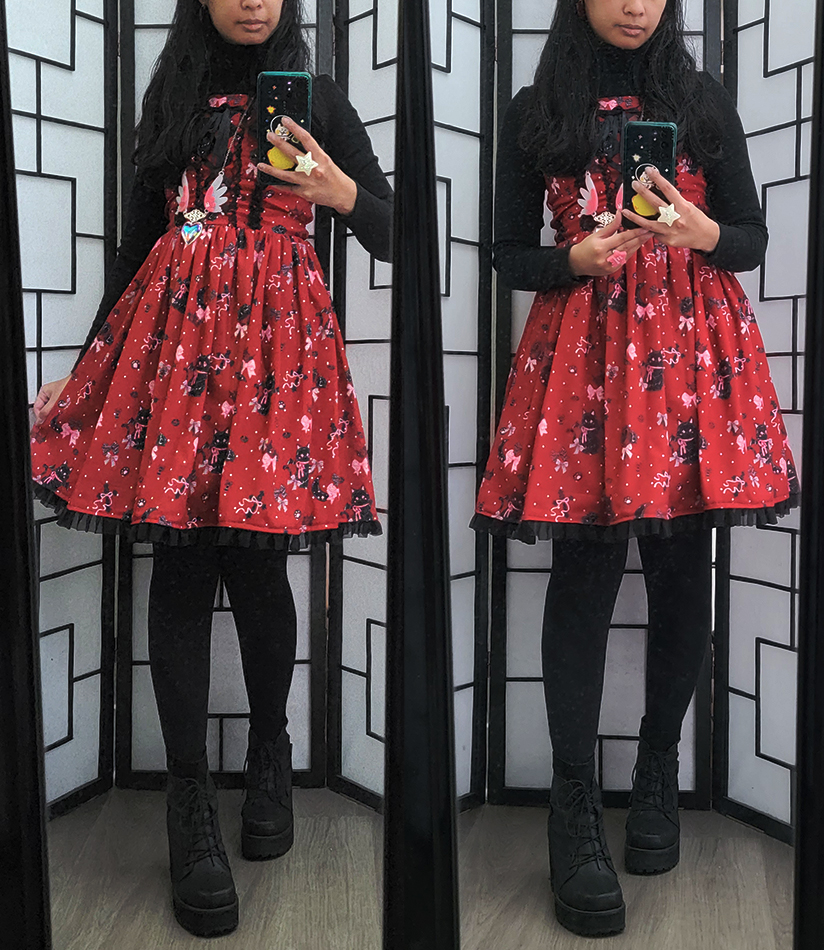 A casual black and red coordinate with a gothic cat print.