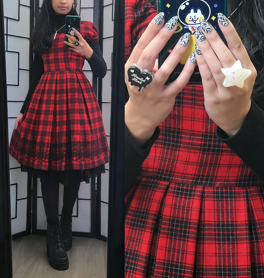 A casual black and red old-school plaid coordinate.
