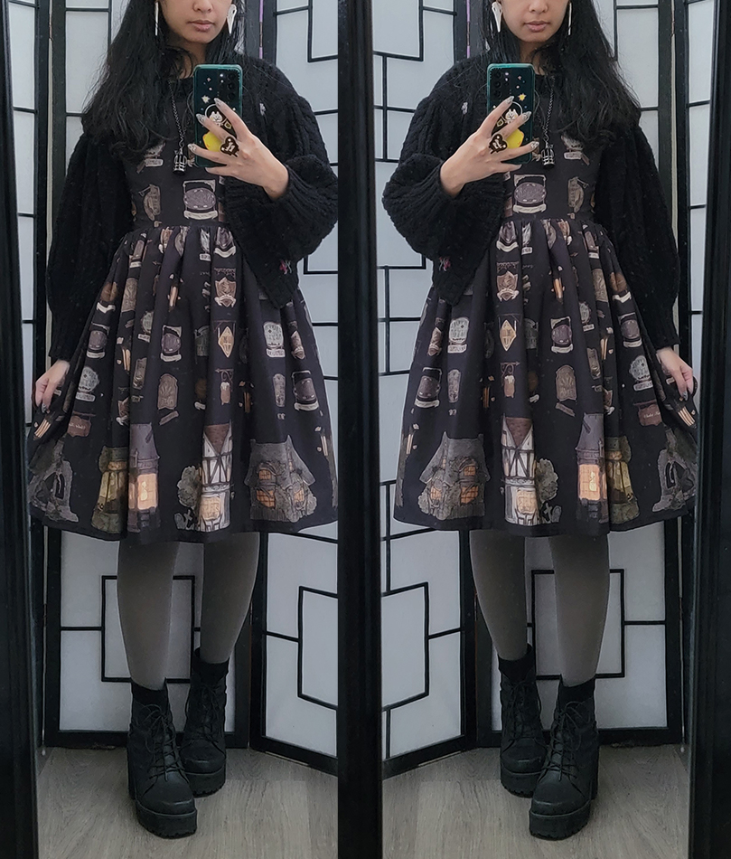 A cozy black and gray winter coordinate with a haunted town print dress.