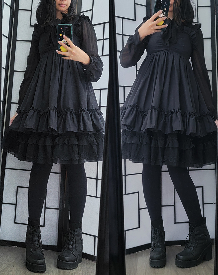 An all-black kuro lolita coordinate featuring a handmade babydoll jumperskirt.
