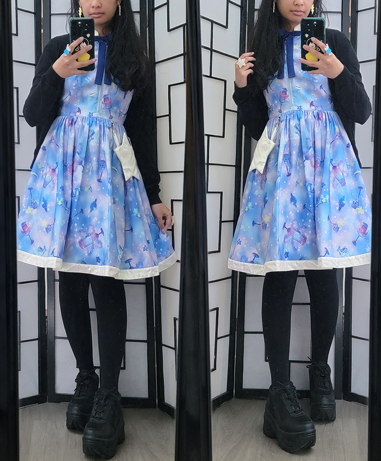 A light blue, silver, and black galaxy themed casual coordinate for New Years.