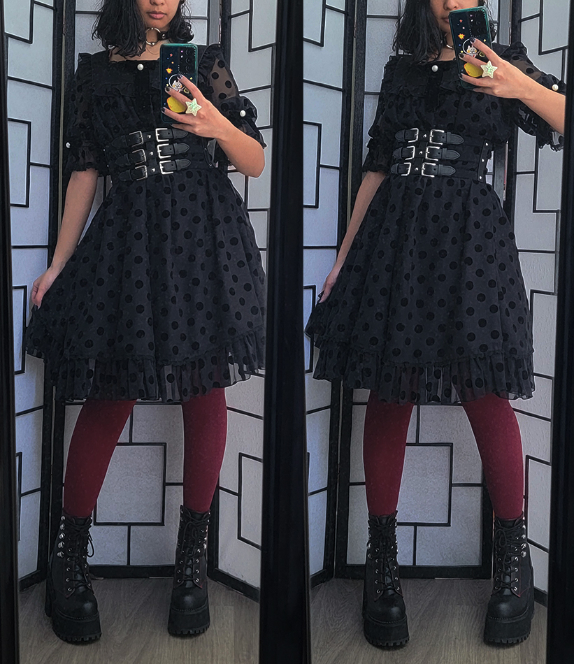 A black and red casual gothic coordinate featuring a black polkadot dress.
