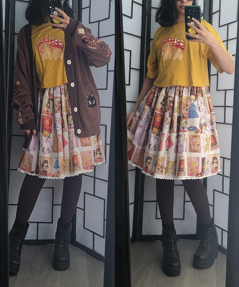 A super casual mustard yellow, pastel, and brown coordinate with a mushroom character shirt and vintage print skirt.