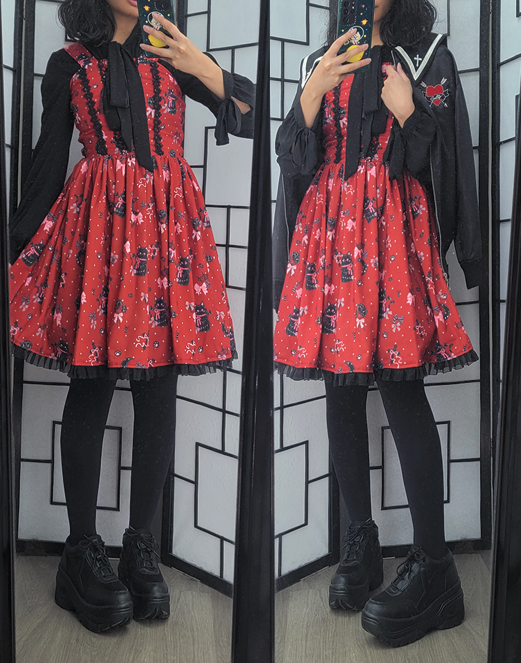 A casual red and black coordinate with a gothic cat print dress and black platform sneakers