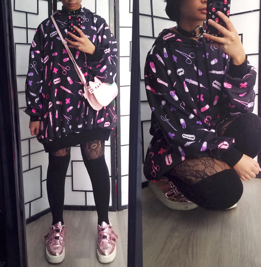 Black and pink casual outfit with an oversized menhera print hoodie.