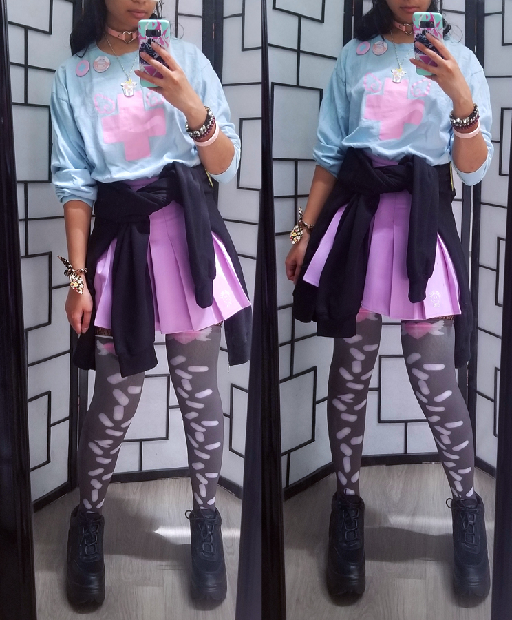Pastel blue, lavender, pink, and black menhera outfit.