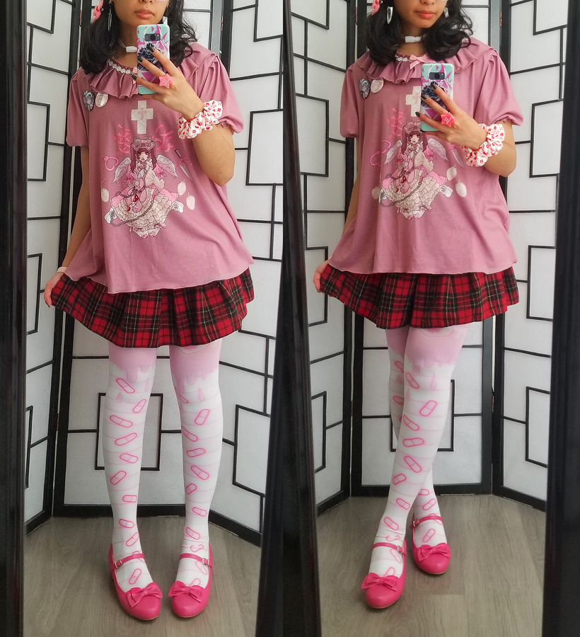 Pink, red, and white menhera outfit.