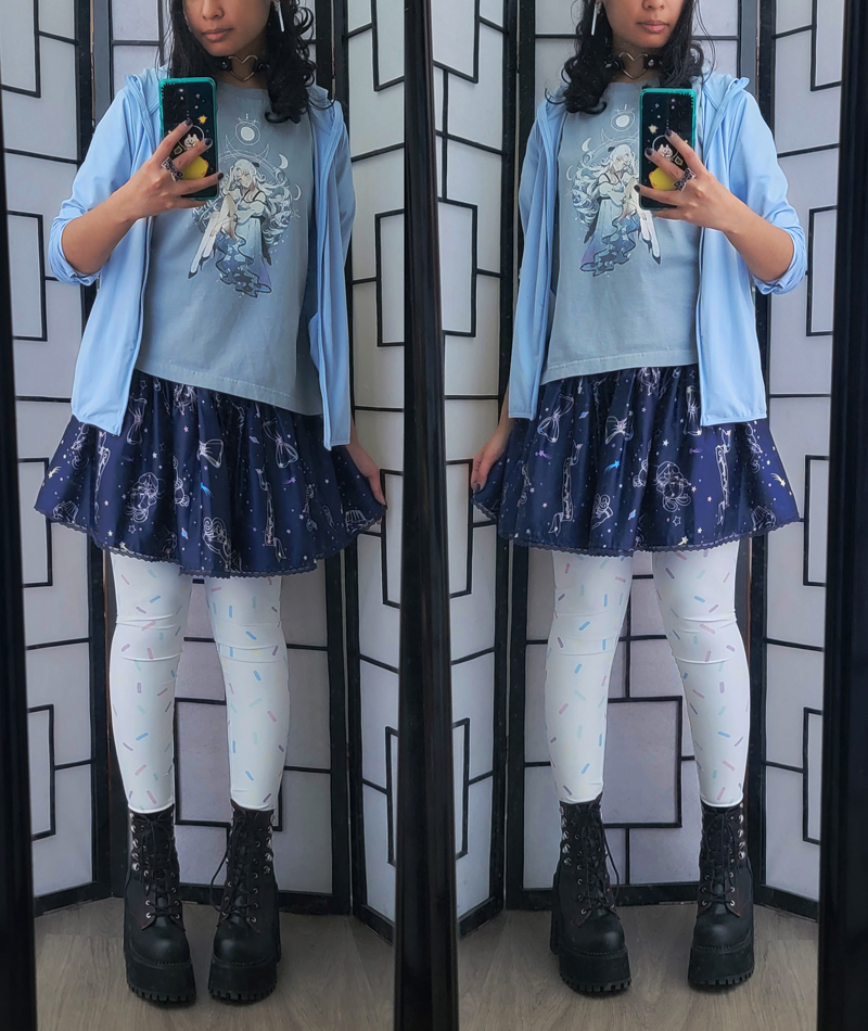 Light blue, navy, and white outfit with dreamy constellation and moon motifs.