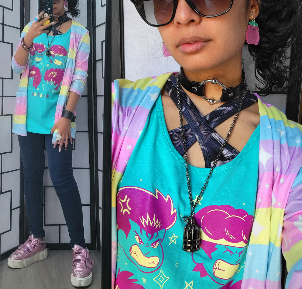 A blue and colorful pastel casual outfit featuring a rainbow cardigan and a Yu Yu Hakusho character tank top.