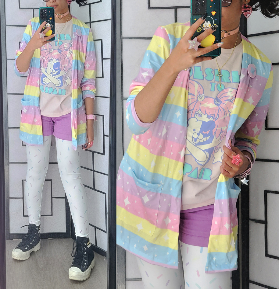 A pastel outfit featuring a rainbow stripe cardigan and a pastel Danganronpa character shirt.