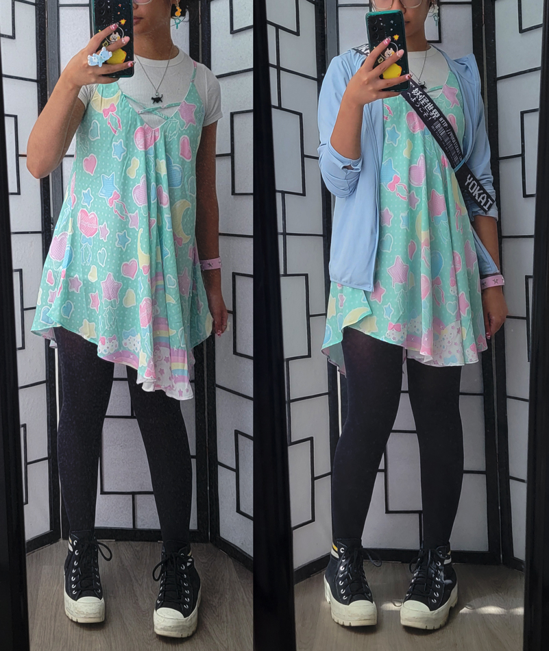 Pastel and black casual outfit featuring an all-over print mint chiffon dress.