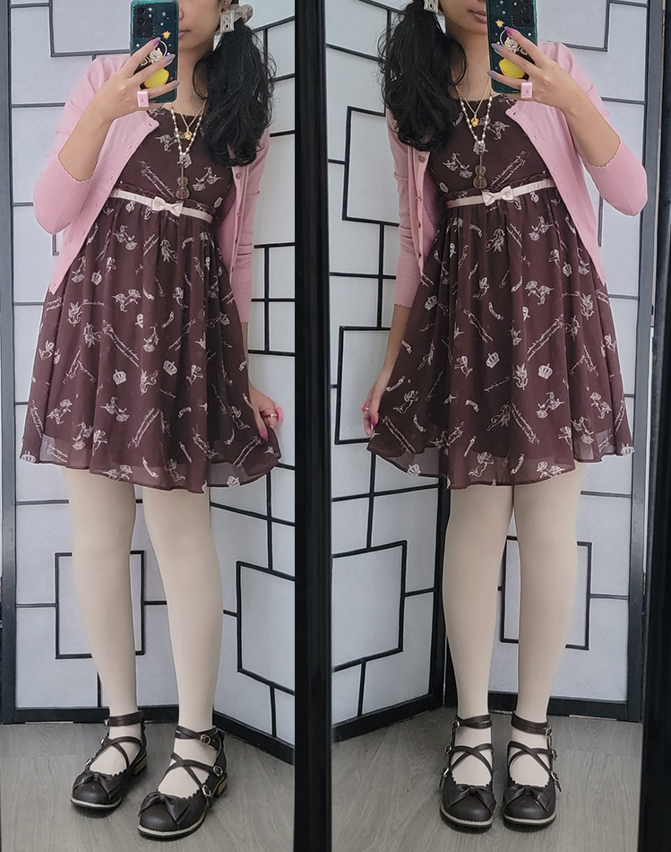 A brown, pink, and ivory girly kei coord with an Ank Rouge dress.