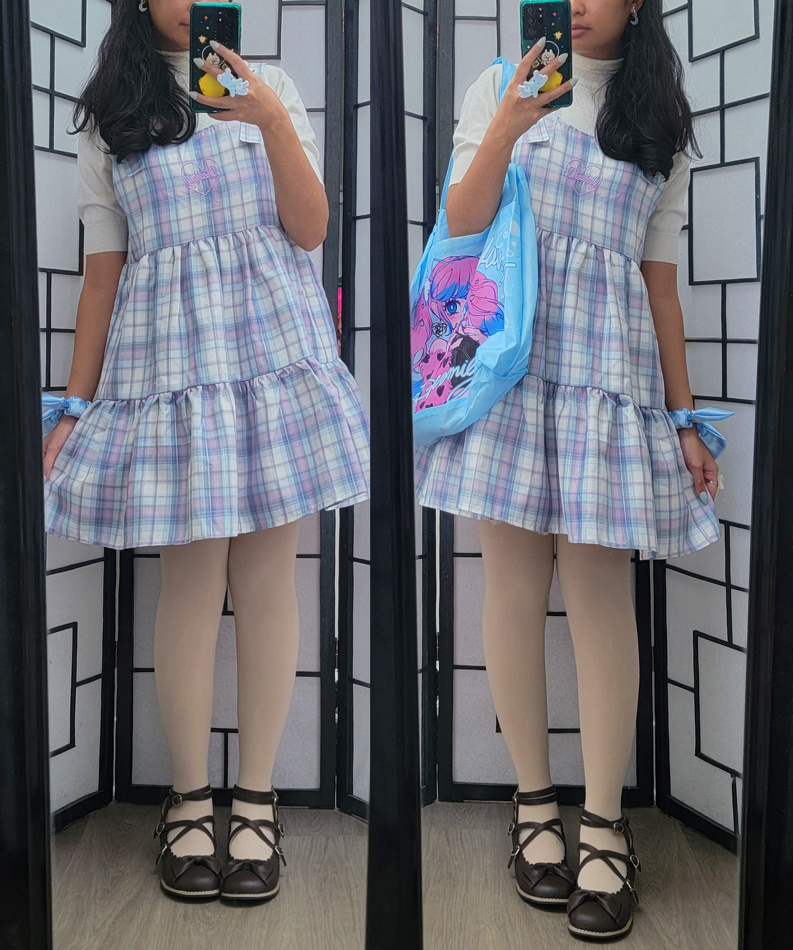 A pastel blue and white casual girly kei outfit with a plaid dress.