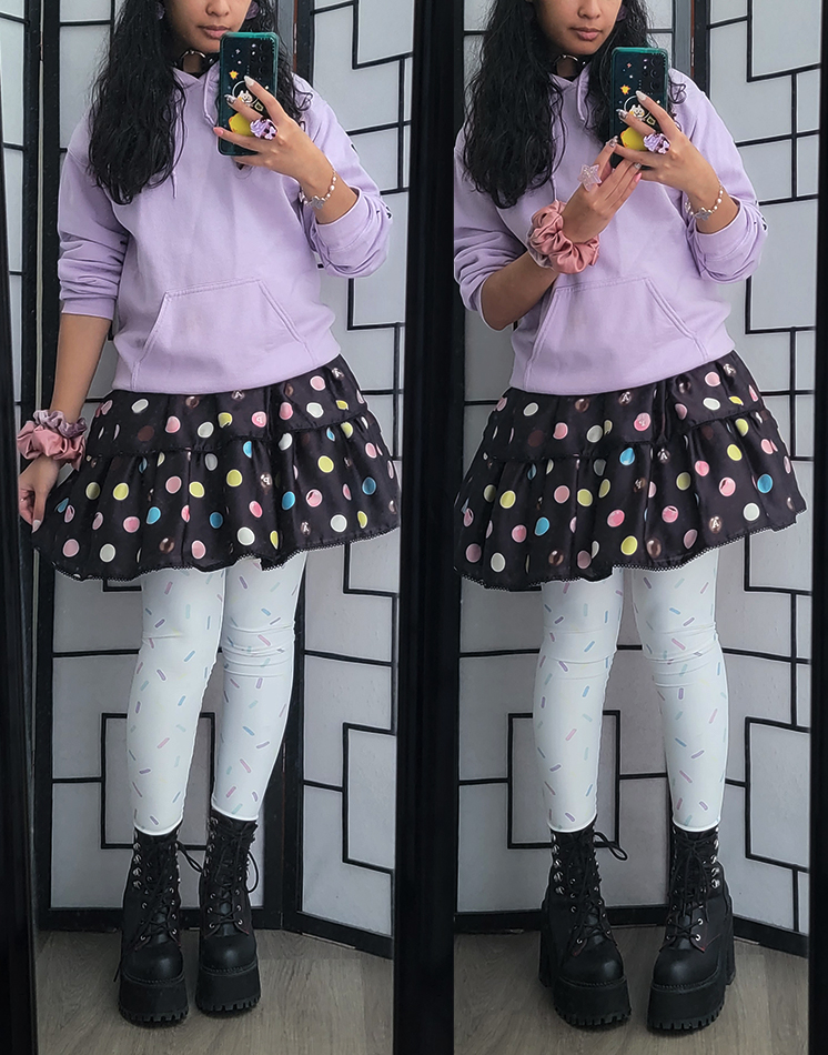 A pastel purple, white, and black sweet casual coordinate