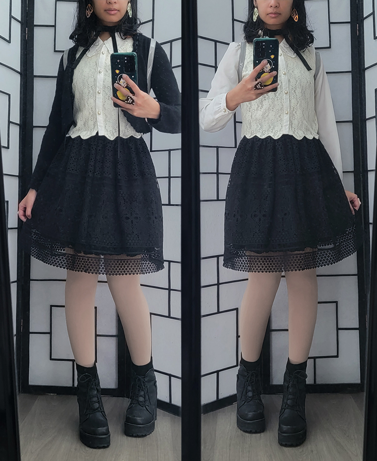 A black and white girly kei coordinate featuring lace textured items.