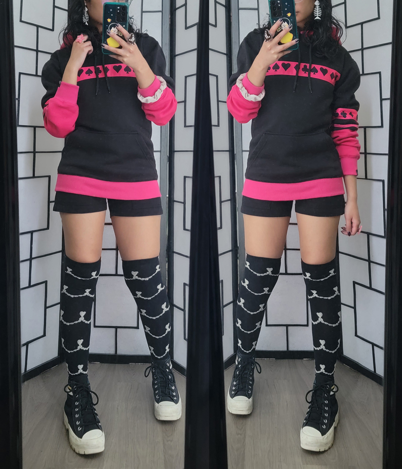 Pink and black casual outfit with Hunter x Hunter inspired character hoodie with card suit motifs.