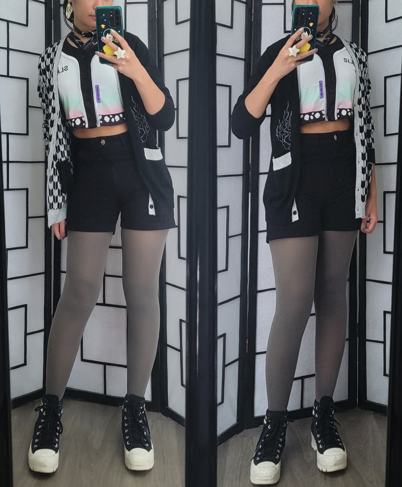 Casual monochrome outfit with Demon Slayer inspired cropped jersey with butterfly hem print.