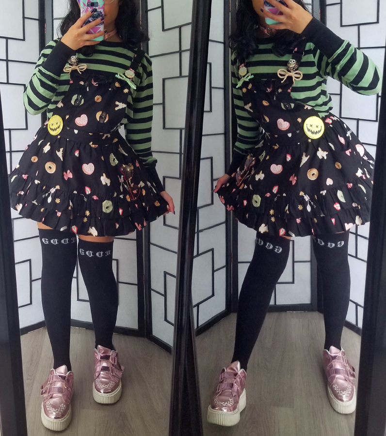 Casual black, green, and pink lolita fashion coordinate inspired by Alluka from Hunter x Hunter.