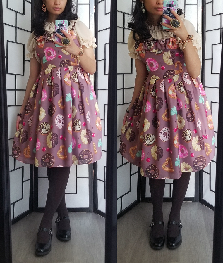 Lolita fashion coordinate with donut print dress and Collar x Malice inspired cat necklace.