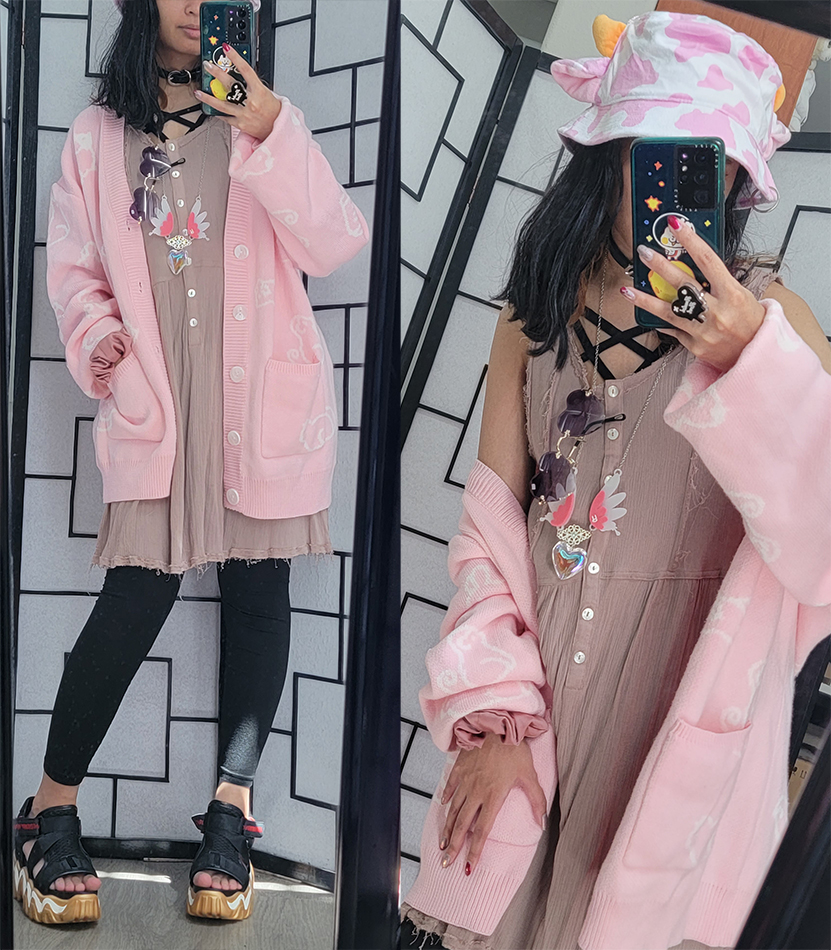 A pink, black, and cow hat casual outfit inspired by Beth from Visual Prison