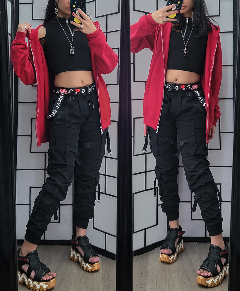 A black and red casual techwear outfit inspired by Jamil & Scarabia dorm from Twisted Wonderland