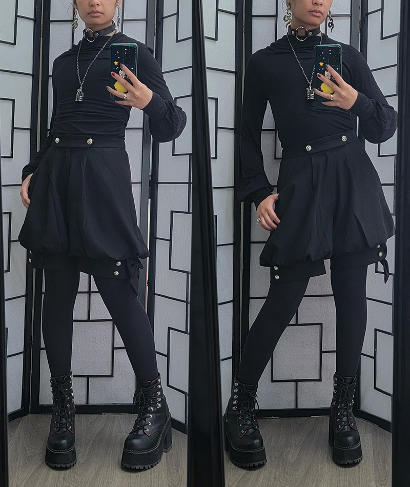 An all-black goth theater kid vibe outfit inspired by Kamiya from Jack Jeanne