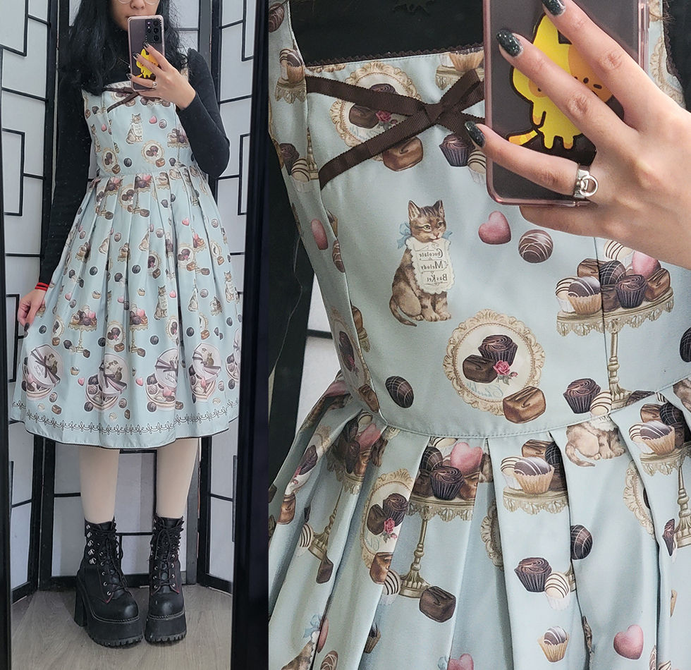 Casual classic black and mint blue EGL coordinate with a cat and chocolate bonbon print