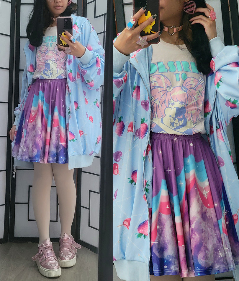 pastel coordinate featuring a galaxy skirt and strawberry hoodie