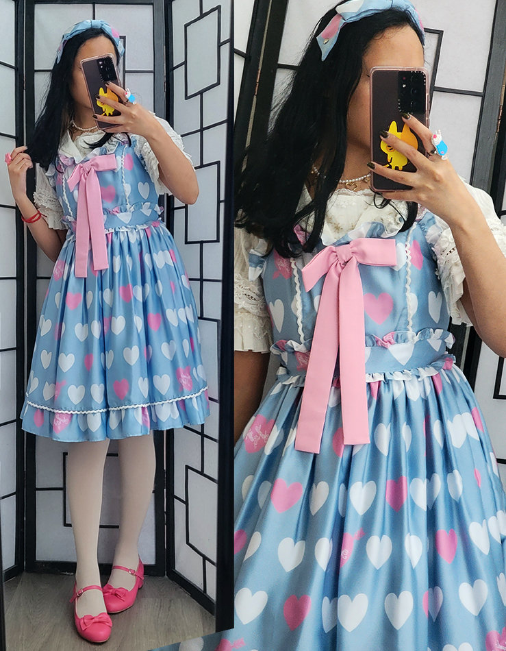 A sax blue, pink, and white sweet lolita fashion coordinate featuring a heart print Angelic Pretty dress