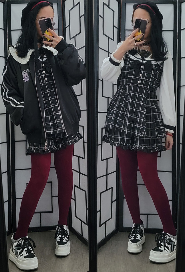 A burgundy, black, and white girly kei outfit.