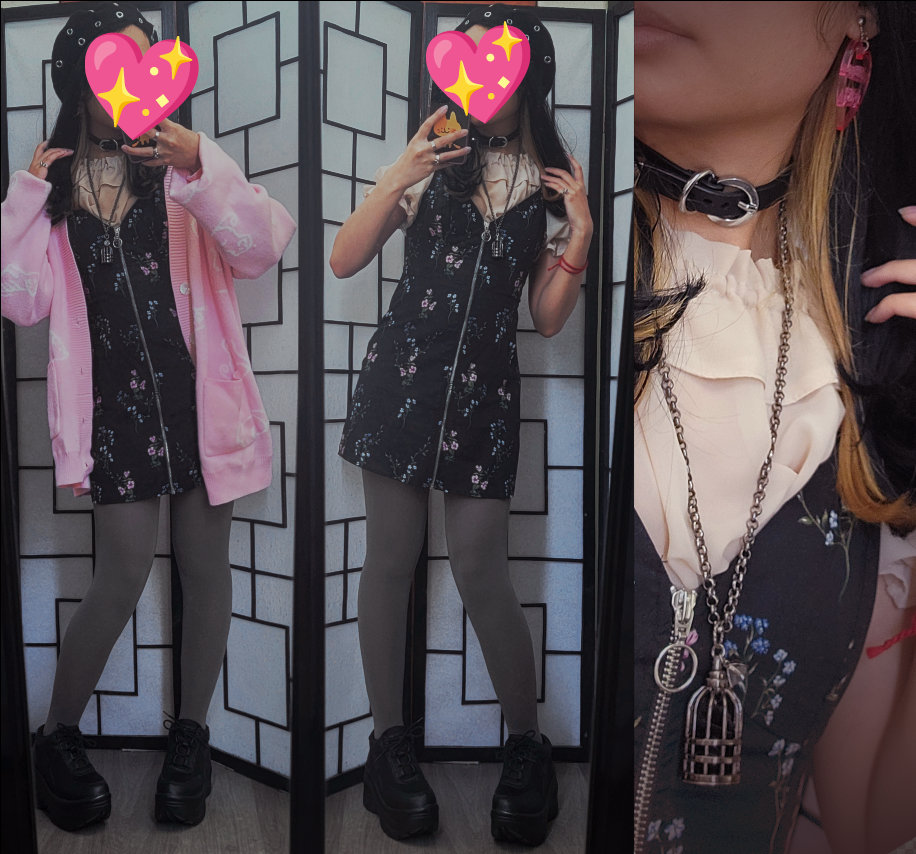 Black, grey, ivory, and pink girly kei outfit featuring a floral print mini dress.