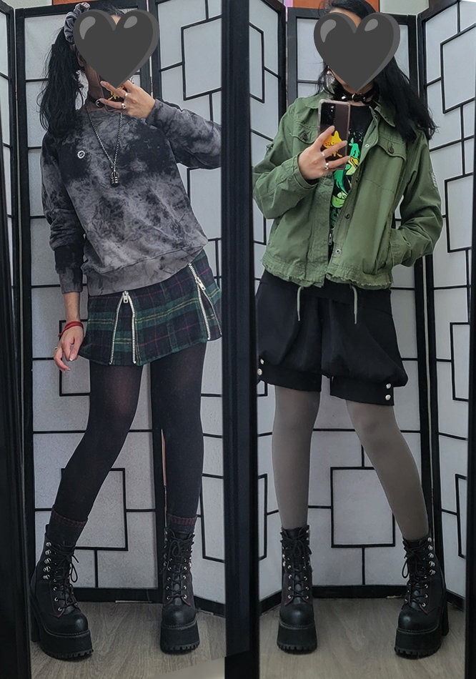 Two different casual outfits with similar grey, black, and green color schemes.