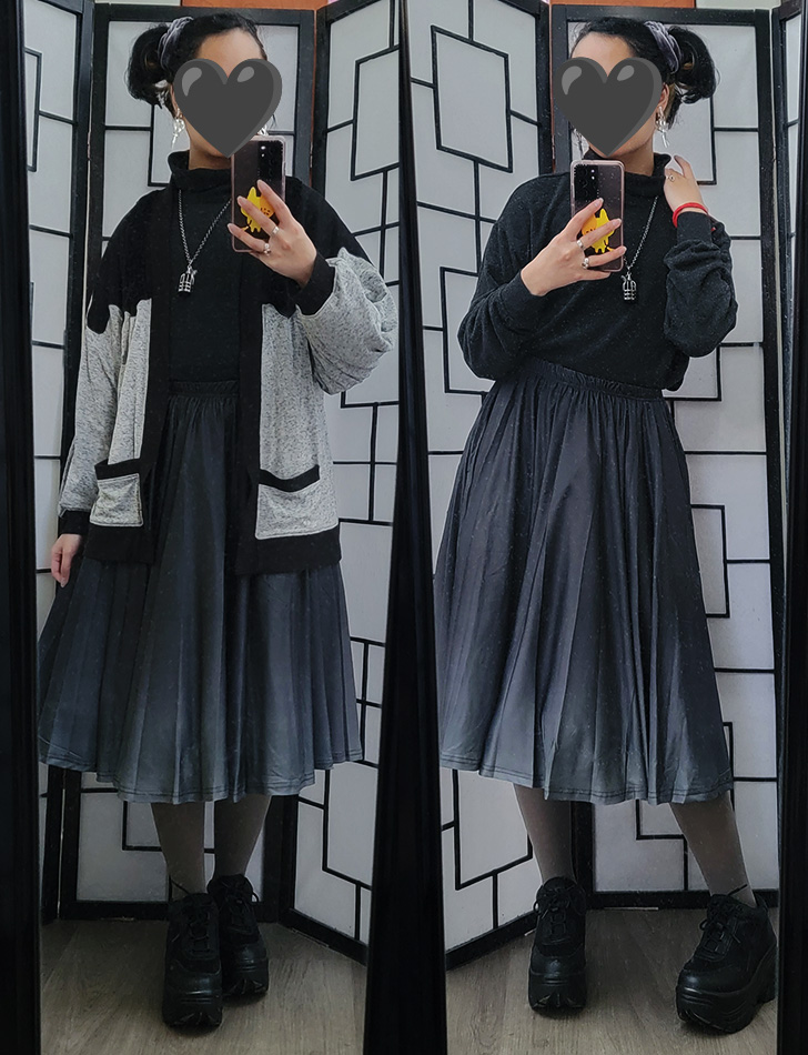 A monochrome grey outfit featuring a gradient midi skirt and cardigan with a melting color block design.